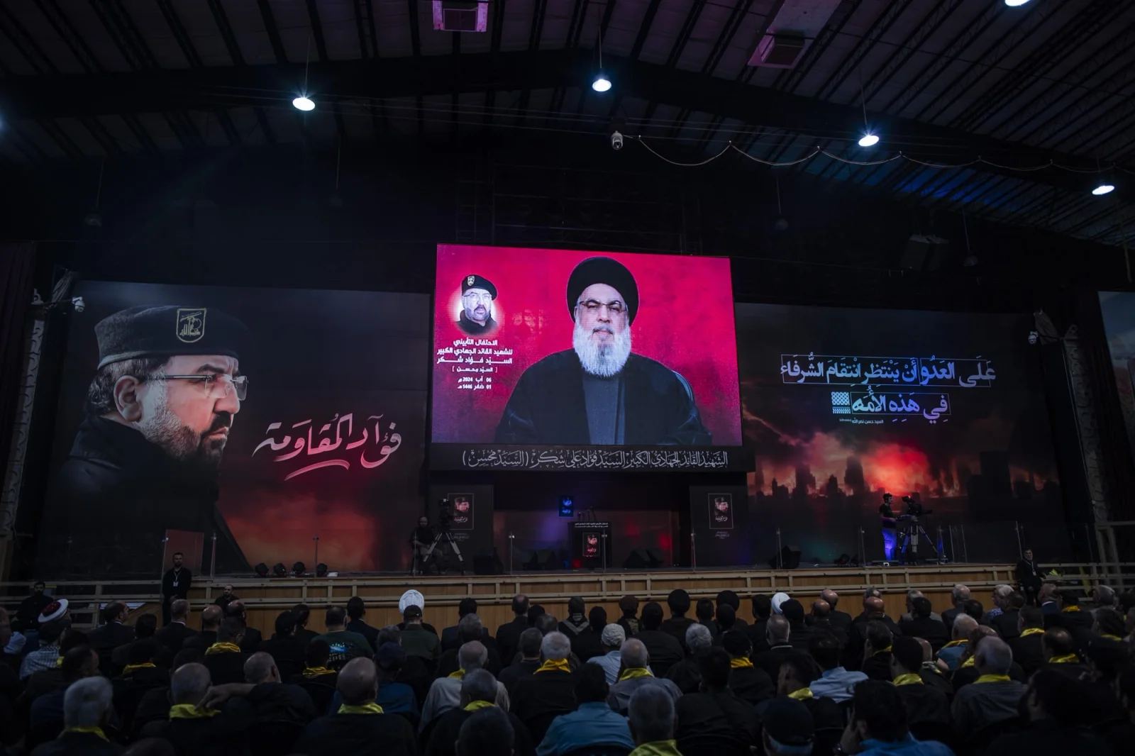 Discurso de Hassan Nasrallah, líder de Hezbolá, en el distrito de Dahieh de Beirut, Líbano.